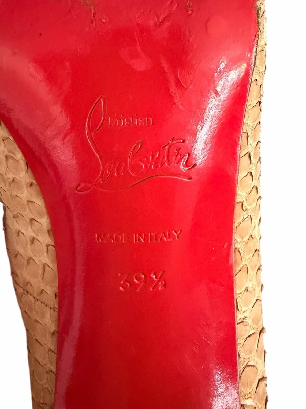 Christian Louboutin Tan Croc or Snake Embossed Peep-Toe Stilettos 39 1/2 - Picture 10 of 12